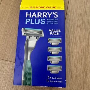Harrys Plus Razor Value Pack 1 Handle 5 Cartridges 5-Blade Pivoting System Green
